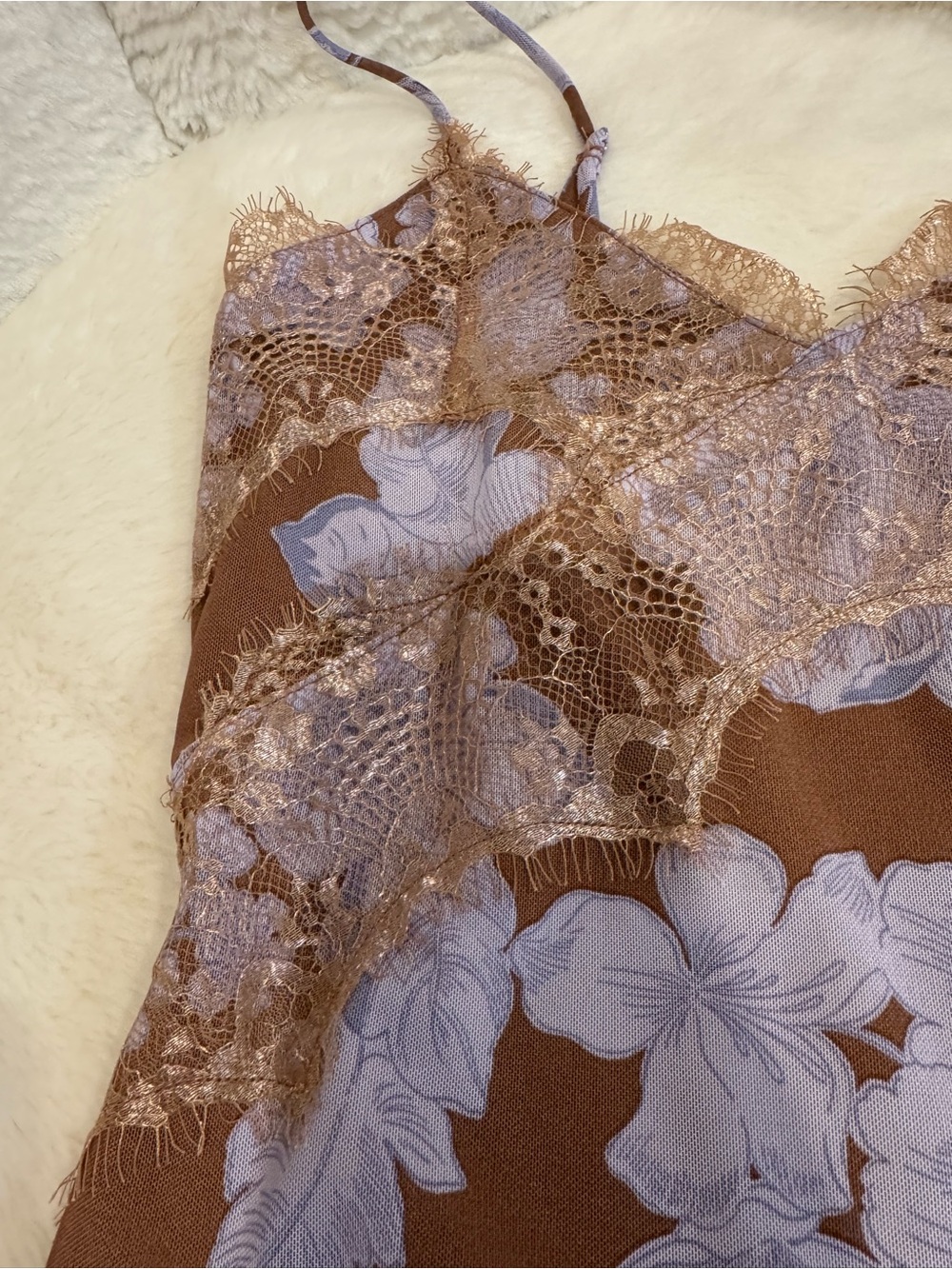 Women’s Lace Trim Floral Slip Dress — Brown & Lilac - Picture 4 of 5
